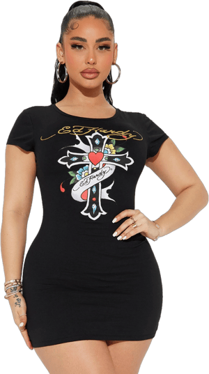 Fashion Nova Graphic Short Sleeve Cotton Blend Crew Neck Ed Hardy Cross T Shirt Mini Dress