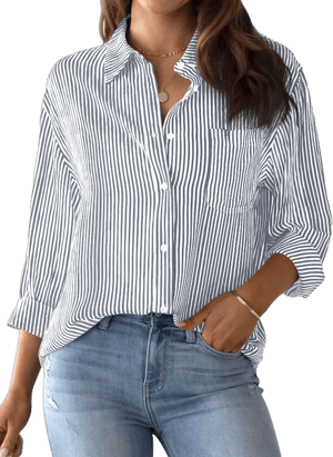 Women's Striped Long Sleeve Collared Button Down Shirt with Pocket