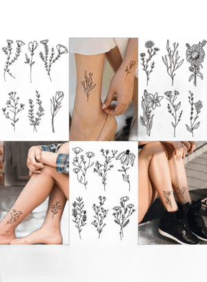 Cerlaza 75 Styles Tiny Black Flower Branch Temporary Tattoos For Women Girls,16 Sheets Realistic Wild Flower Floral Bouquet Small Fake Tattoo