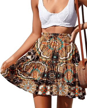 NASHALYLY Women's Boho Floral Print High Waist Tiered Mini Skirt