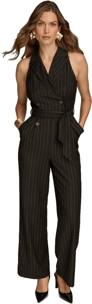 Donna Karan New York Stripe Belted Sleeveless Jumpsuit