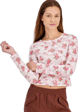 Madden Girl Juniors' Floral-Print Cropped Lace Long Sleeve