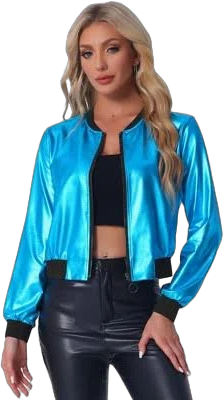 Allegra K Women's Lightweight Holographic Shimmering Metallic Bomber Jacket