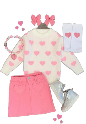 White & Pink Heart Denim Skirt Set