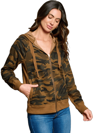 Women's Camo Print Long Sleeve Zip Up Hoodie with Pockets