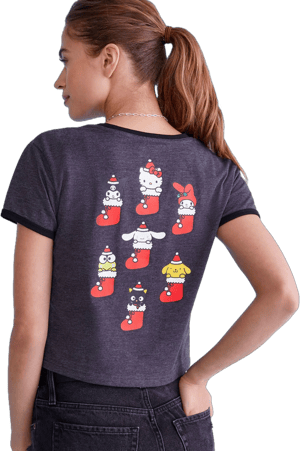 Aeropostale Women's Hello Kitty Santa Ringer Baby Tee