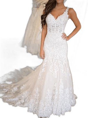 Mermaid V-Neck Long Corset Applique Tulle Wedding Dress