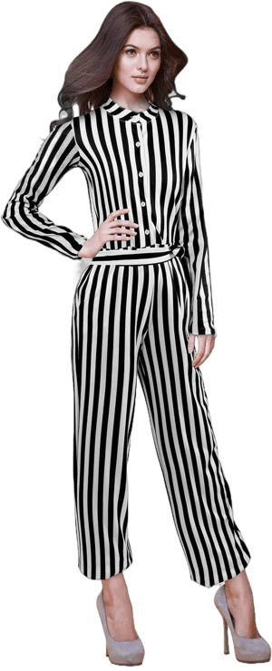 Women's Long Sleeve Stripe Jumpsuit with Belt