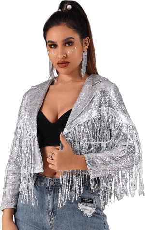 Jakawin Women's Fringe Sequin Tassel Jacket