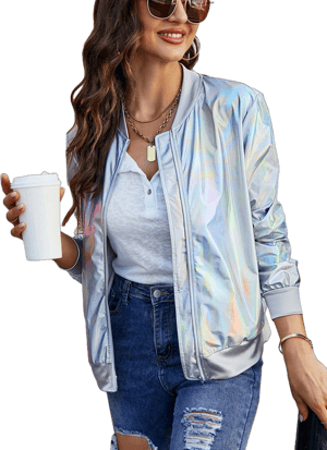 Women's Holographic Zipper Front Long Sleeve Baseball Bomber Jacket