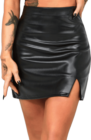 HAWILAND Women's Faux Leather Skirt High Waist Tummy Control Bodycon Mini Short Skirt with Slit