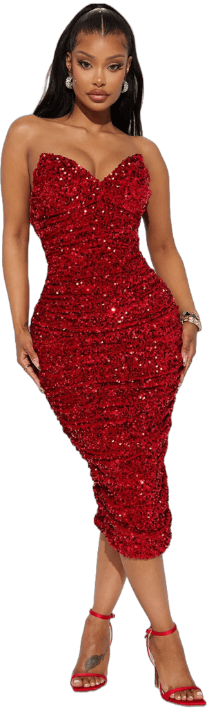 Fashion Nova Sahara Ruched Strapless Sequin V-Neck Midi Dress