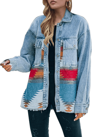 Lumister Women's Distressed Aztec Denim Jacket