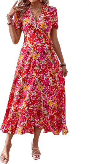 PRETTYGARDEN Women's Casual Boho Floral V-Neck Short Sleeve Wrap Maxi