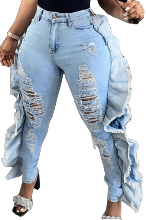 Skinny Jeans for Women High Waisted Ripped Hole Side Ruffle Raw Hem Distressed Classic Denim Jean Pants