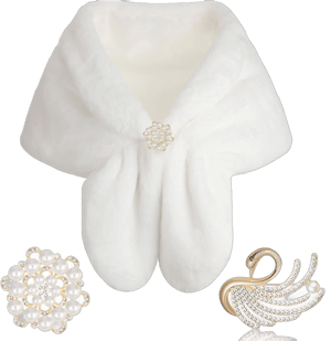 Geyoga Faux Fur Shawl Wrap Stole Shrug Winter Bridal Wedding Scarf Wrap with Faux Pearl Rhinestone Brooches for Women 1920s