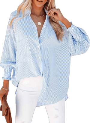 LEMAFER Women's Casual Collar Long Sleeve Smocked Cuffed Striped Shirt