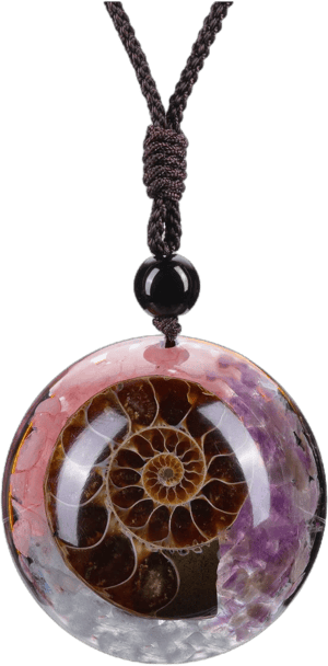 Jovivi 7 Chakra Gemstone Msf2 Reki Healing Crystal Necklace Round Circle Shape Ammonite Fossil Chip Stones Resin Pendant Necklace for Women Men