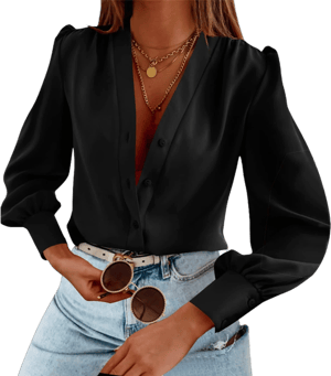 Women's Silk Button Down V Neck Long Sleeve Shirt