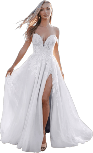 Lace V Neck Slit Bridal Wedding Dress