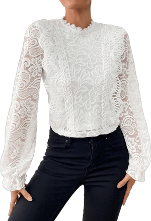 Floerns Women's Ruffle Trim Lace Scalloped Hem Long Sleeve Blouse