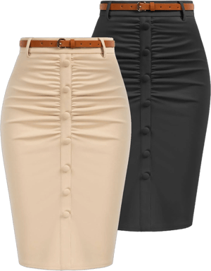 Belle Poque Women's Vintage High Waist Pencil Skirt with Belt (2 Pack)