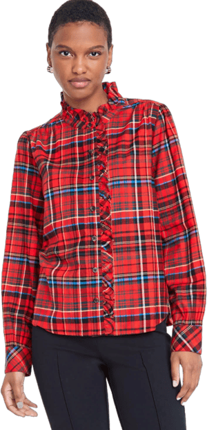 On 34th Women's Plaid Ruffle-Neck Flannel Shirt