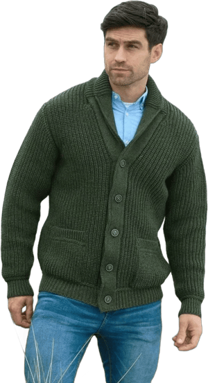 Aran Crafts Dark Green Ribbed Shawl Cardigan - S