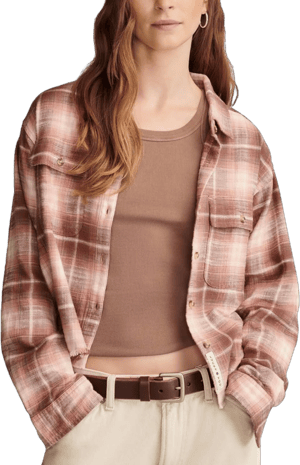 Lucky Brand Women's Raw Edge Plaid Cropped Button Down Shirt