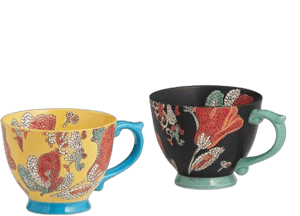 World Market Multicolor Floral Mosaic Hand Painted Ceramic Mug Set of 2