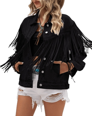 Women's Distressed Fringe Trucker Jean Jacket