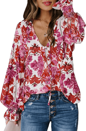 Women's Casual Boho Floral Print V-Neck Long Sleeve Drawstring Top