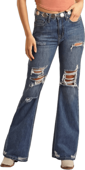 Rock and Roll Denim Women's Distressed High Rise Flare Jeans