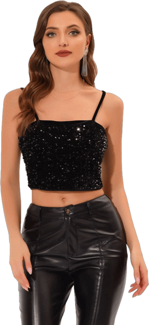 Women's Allegra K Sequined Velvet Spaghetti Strap Club Party Cropped Cami Top