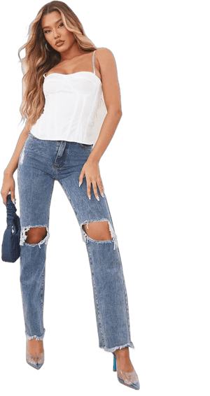 Women's Vintage Wash High Rise Ripped Straight leg Jeans