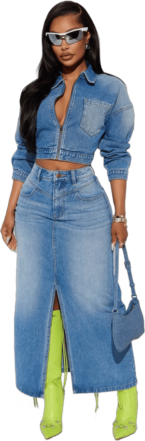 Fashion Nova Cropped Long Sleeve Denim Maxi Skirt Set