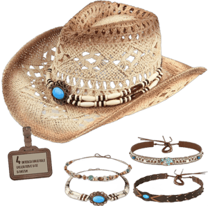 MONGKIRIN Straw Cowboy Hat Western Cowgirl Hat with Four Decorative Bands