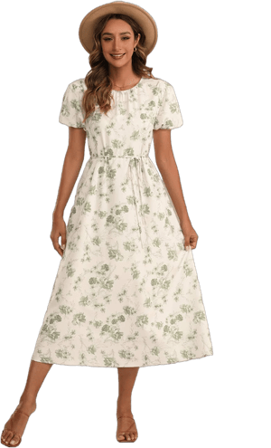 PETALLush Floral Short Puff Sleeve Belted Midi Dress