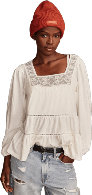 Lucky Brand Women's Embroidered Ruffle Cotton Peasant Top