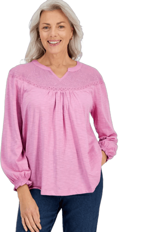 Style & Co. Women's Lace-Trim Embroidered Long Sleeved Top