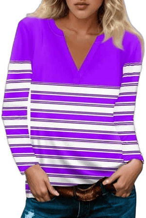 Women's Long Sleeve V Neck Striped Cotton Blouse