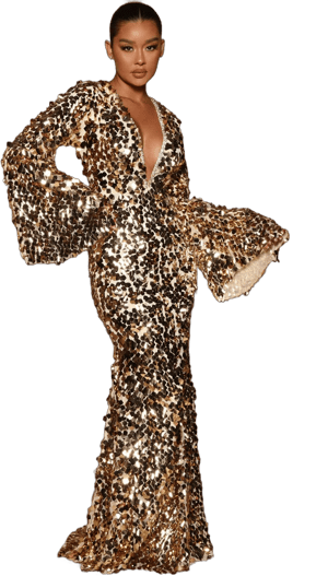 Fashion Nova Delani Metallic Long Sleeve Sequin Maxi Dress