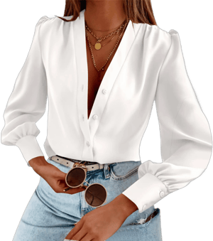 Women's Silk Button Down V Neck Long Sleeve Shirt