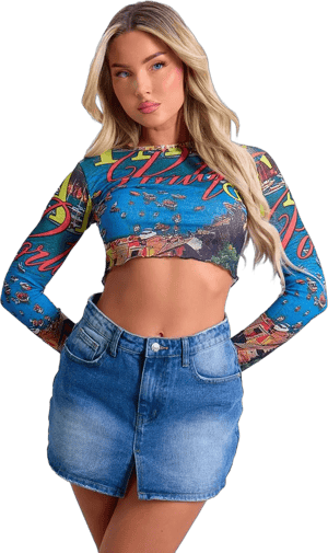 Women's Blue Landscape Graphic Flared Sleeve Crop Top