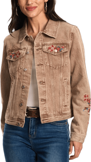 Grace in La Women's Floral Embroidered Denim Jacket