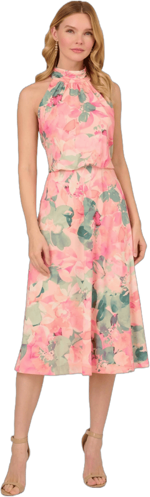 Adrianna Papell Plus Womens Floral Halter Cocktail And Party Dress