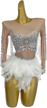 Sparkly Crystals White Feather Bodysuit Women Nightclub Show Stage Performance Outfit Sexy One Piece