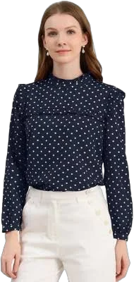 Allegra K Women's Vintage Ruffle Stand Collar Long Sleeve Polka Dot Blouse