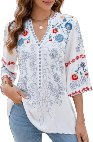 St.Lareina Women's Bohemian Embroidered Mexican Peasant Shirt