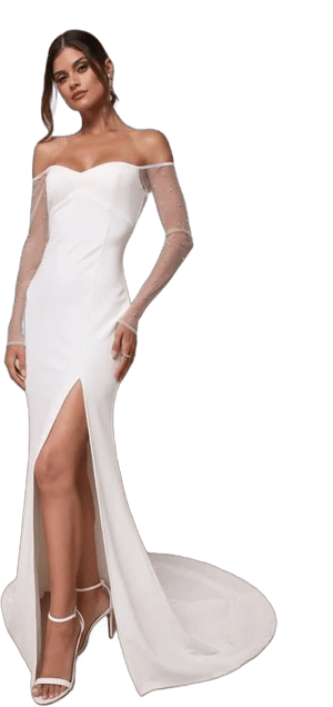 Lulus Off-The-Shoulder Mesh Pearl Maxi Dress